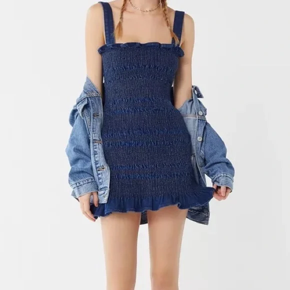 NWOT UO Sofia Denim Smocked Mini Dress - Picture 1 of 5